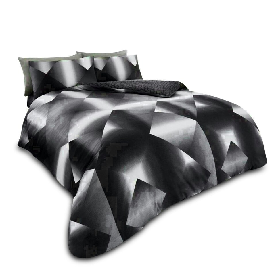 image 1 of 3D Triangle Printed Duvet Cover Set Reversible Polycotton Beddings Black | King