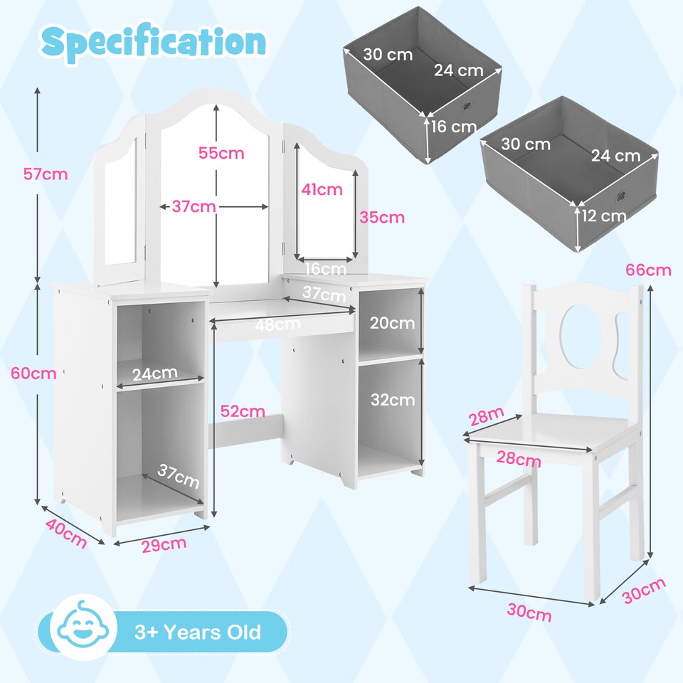 image 1 of COSTWAY Kids Vanity Desk & Chair 2 in 1 Makeup Pretend White