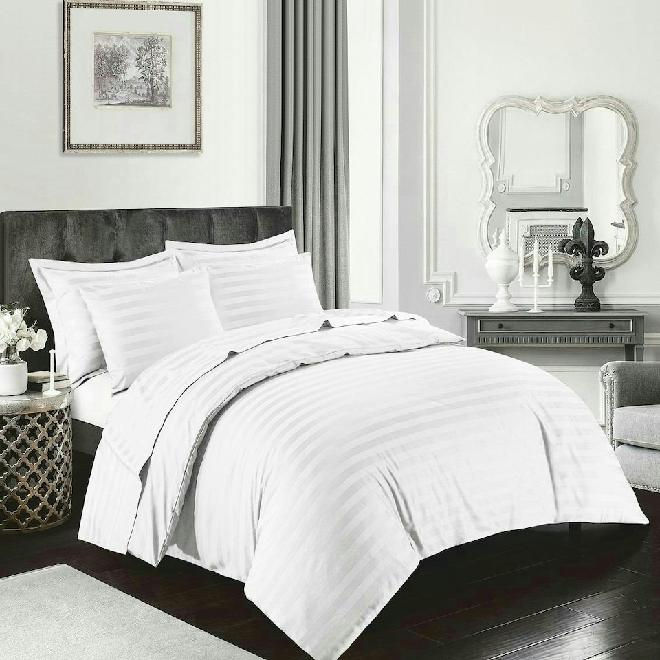 image 1 of Egyptian Cotton Duvet Cover Set 400 Thread Count Satin Stripe - Super King - White
