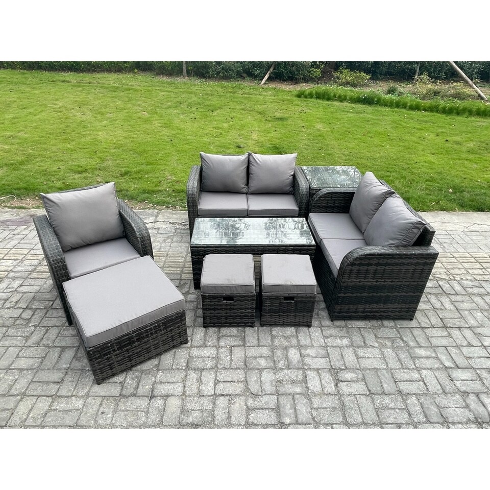 image 1 of Fimous 8 Seater Rattan Outdoor Garden Furniture Sofa Set Patio Table & Chairs Set with Side Table 3 Footstools Dark Grey Mixed