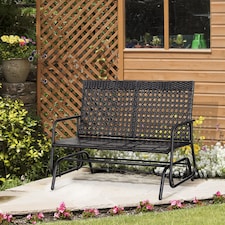 Outsunny 2 Seater PE Rattan Glider Bench, Outdoor Loveseat Chair with Steel Frame, Porch Rocking Glider for 2 Person with Armchair, High Back, Black