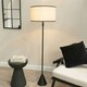 image 2 of ValueLights Mitch Natural Linen Black Trim Lamp Shade Black Wood Stem Triangle Floor Lamp Black