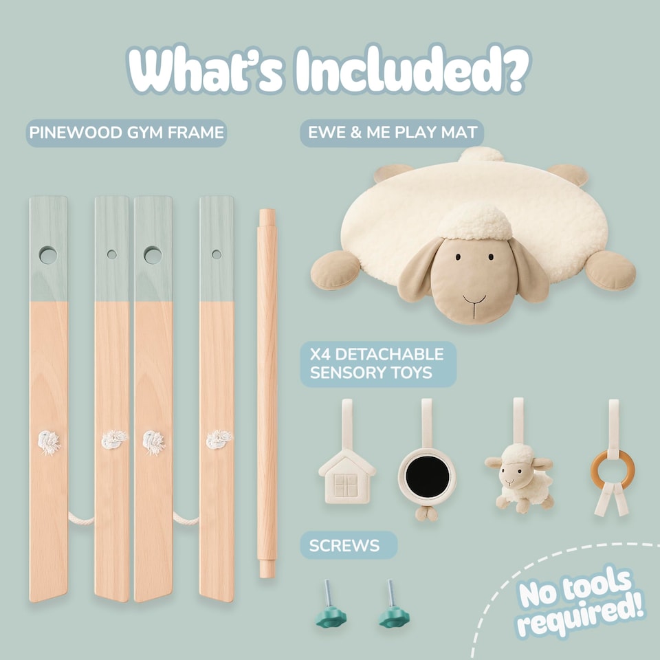 image 1 of BooBoo Baby EWE & ME Play Mat Baby Gym | Wooden Activity Tummy Time Playmat | Ewe & Me Super Soft Sheep Design | x4 Detachable Sensory Toys