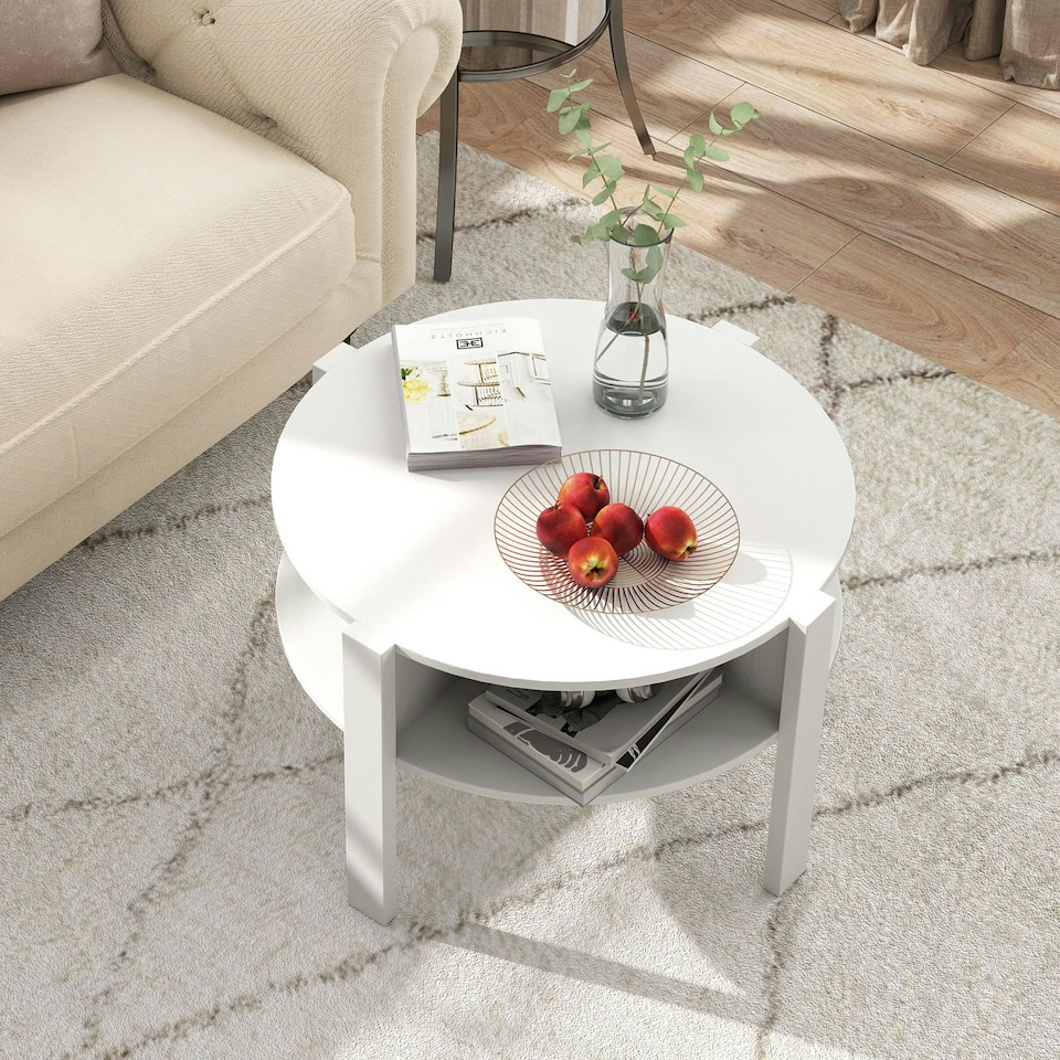 image 1 of COSTWAY 2-Tier Round Coffee Table Tea Cocktail Table White White