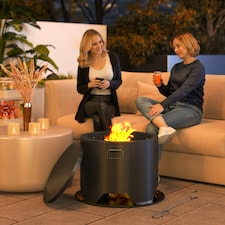 Outsunny Outdoor Round Fire Pit with Lid, Wood Burning Firepit with Fire Poker and Floor Mat for Patio Bonfire BBQ Camping, Black