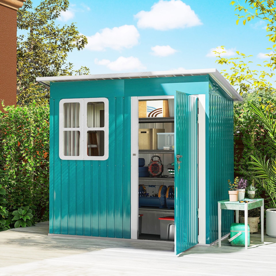 image 1 of Outsunny 7 x 4ft Storage Shed Galvanised Steel Garden Shed, Metal Shed with Foundation Kit, Window, Lockable Wide Door and Air Vents for Outdoor Patio, Green | Green | 1
