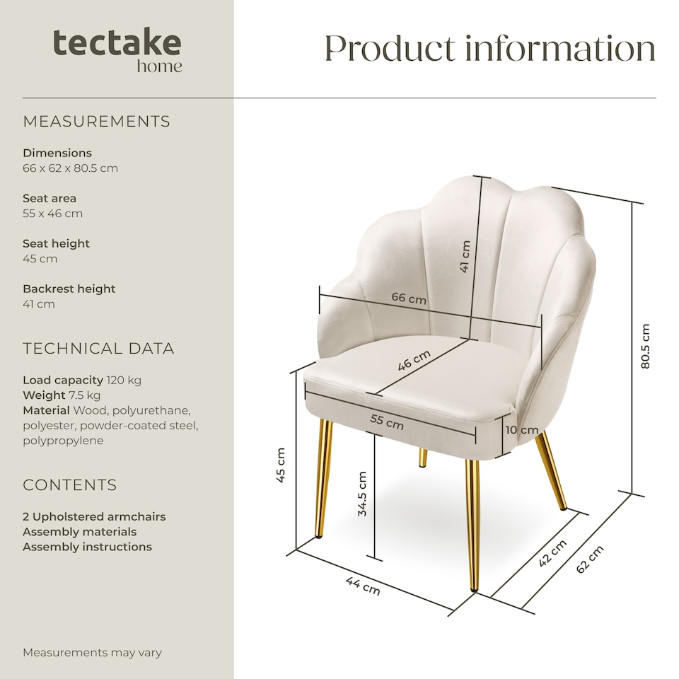 image 1 of Accent Chair Hellen - velvet cover, padded, extra-wide shell-shaped backrest | Cream | cream/gold | 2