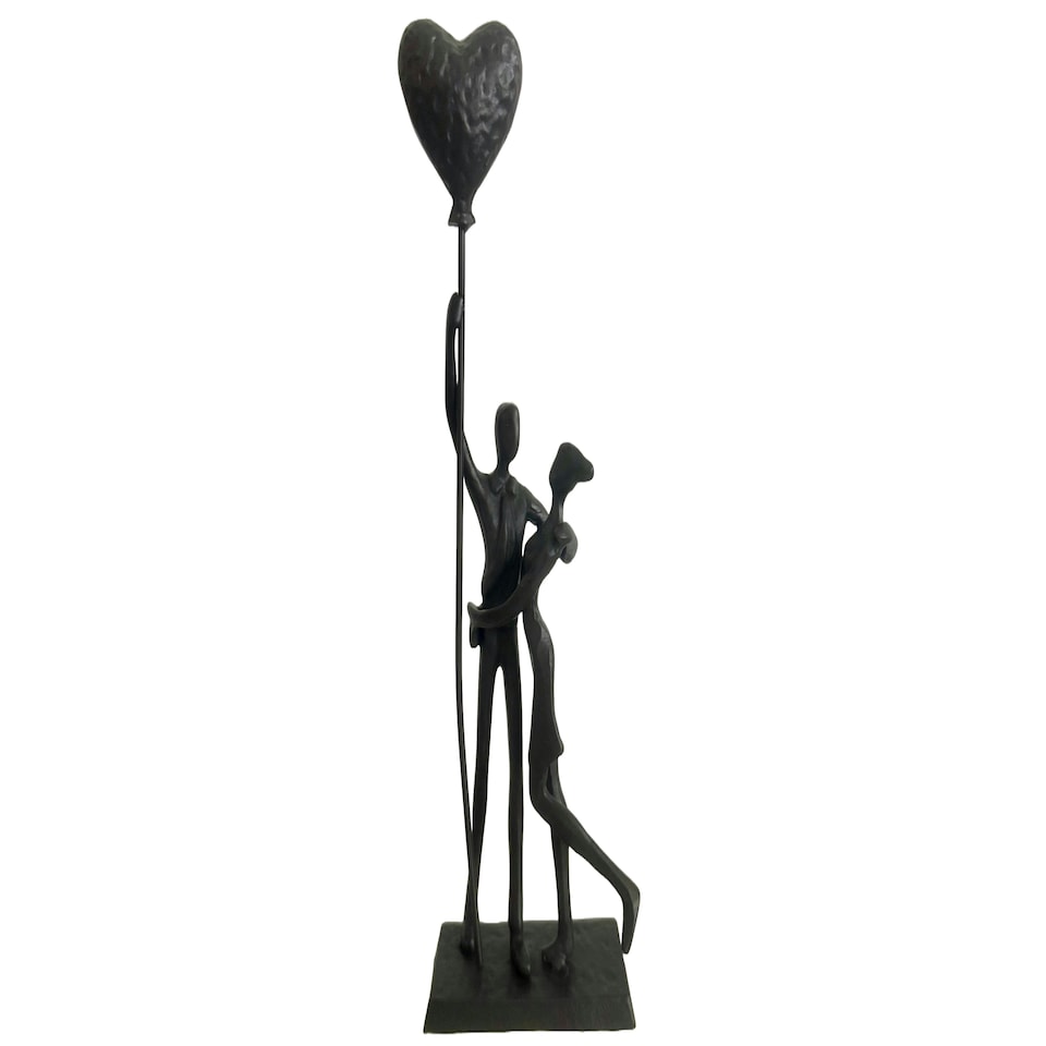 image 1 of Bound by Love Cast Iron Sculpture Couple Embracing Holding a Heart Baloon Shadow Art Metal Decor Lovers Valentine's Day Gift Anniversary Housewarming Present