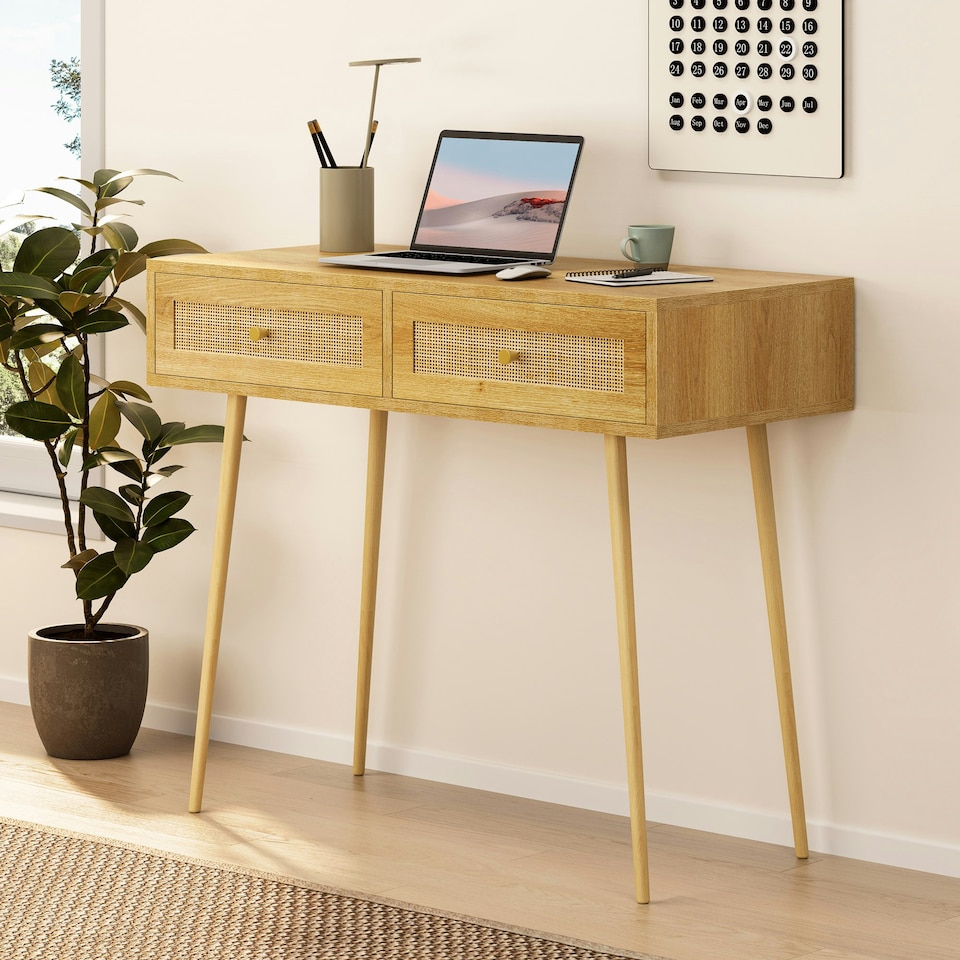 image 1 of VonHaus Rattan Dressing Table with 2 Drawers