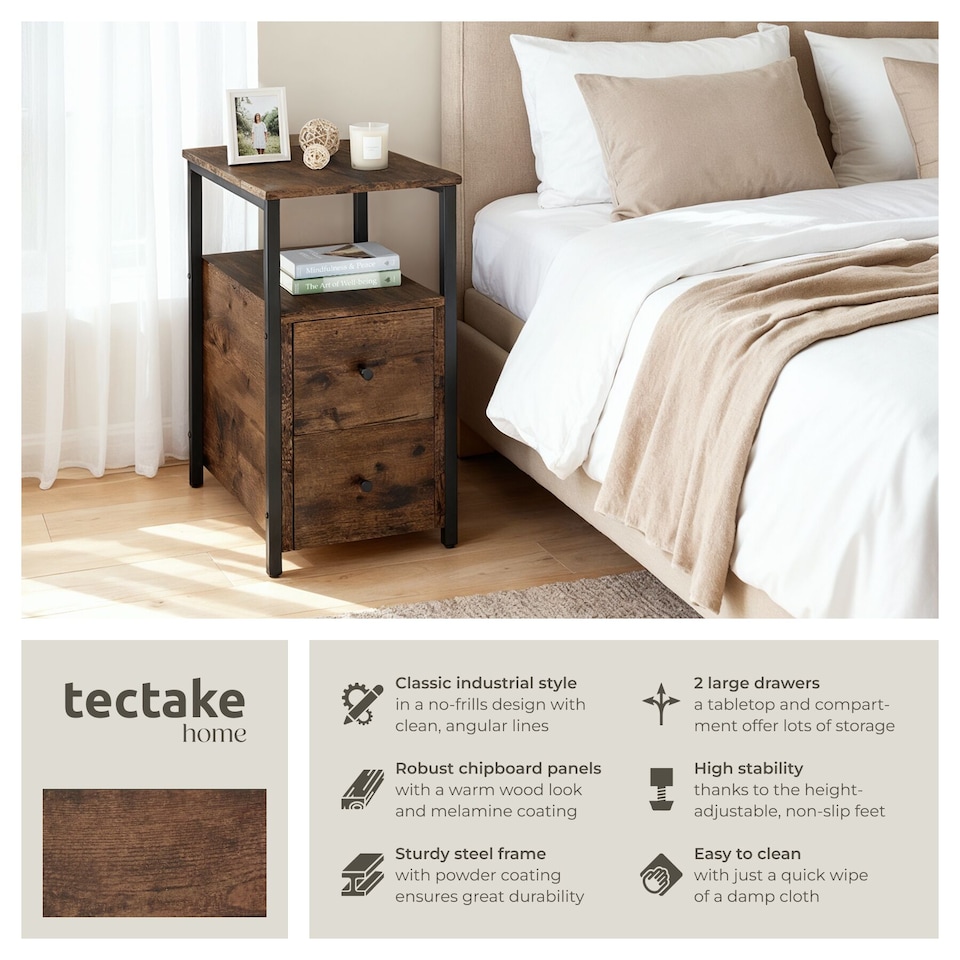 image 1 of Bedside Table Tullamore - 2 shelves and 2 drawers | Brown | Industrial wood dark, rustic | 49,50 x 30 x 61,50 cm | 1