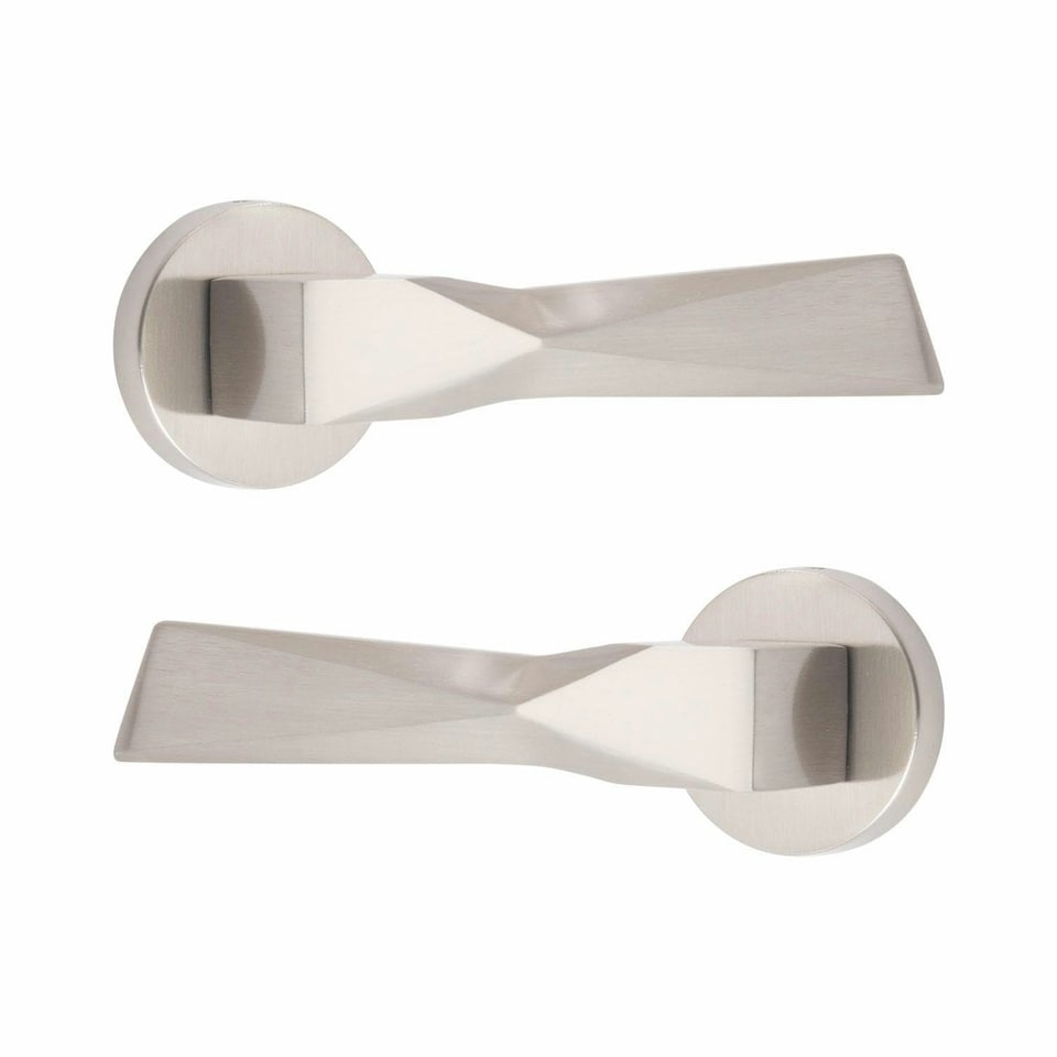 image 1 of Golden Grace 6 Pairs Modern Aura Design Premium Door Handles on Round Rose in Satin Nickel Finish with 2.5" Latch and 1 Pair of Ball Bearing Hinges | Grey | 6 Set