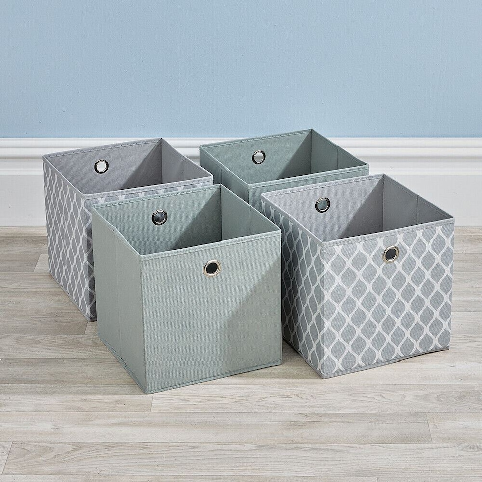 image 1 of Folding Square Storage Utility Box Drawer 4 Piece Fabric Cube Set | Grey | Grey Rain Drop
