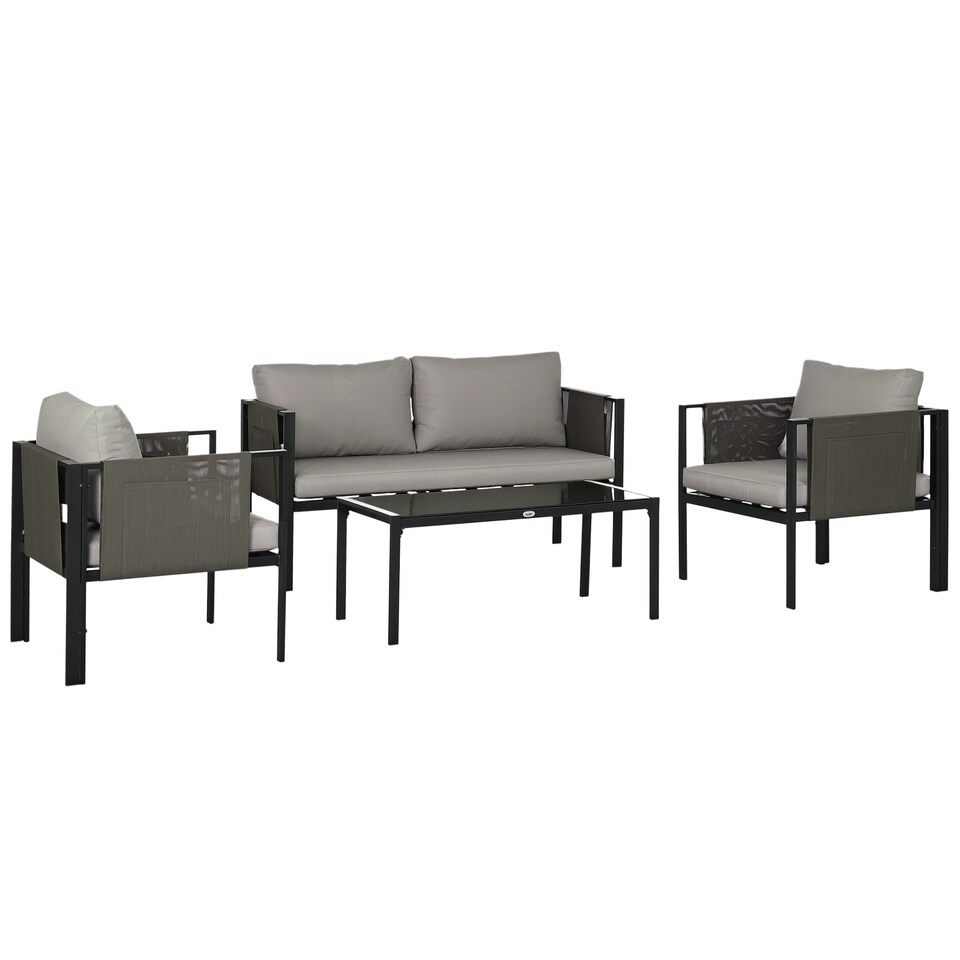 image 1 of Outsunny 4 Piece Garden Sofa Set w/ Tempered Glass Coffee Table Light Grey
