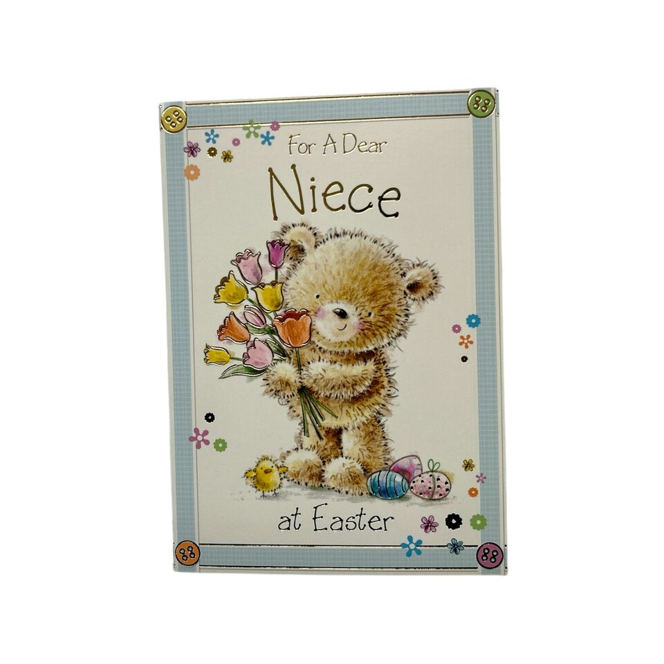 image 1 of For A Dear Niece Cute Teddy & Bouquet Design Easter Card