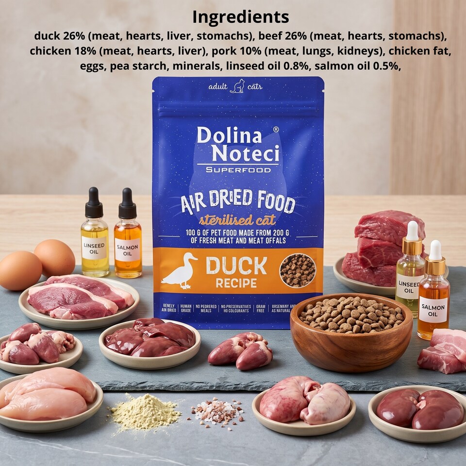 image 1 of Dolina Noteci Superfood Duck Recipe Premium Dried Cat Food for Adult and Sterilised Cats 1kg Rich in Natural Healthy Nutrients x4