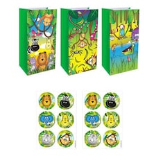 Assorted Jungle Animal Paper Party Bags with Sealing Stickers - Pack of 12