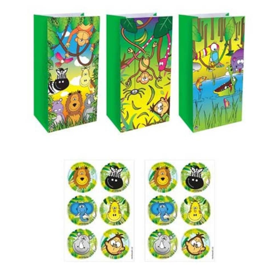 Assorted Jungle Animal Paper Party Bags with Sealing Stickers - Pack of 12
