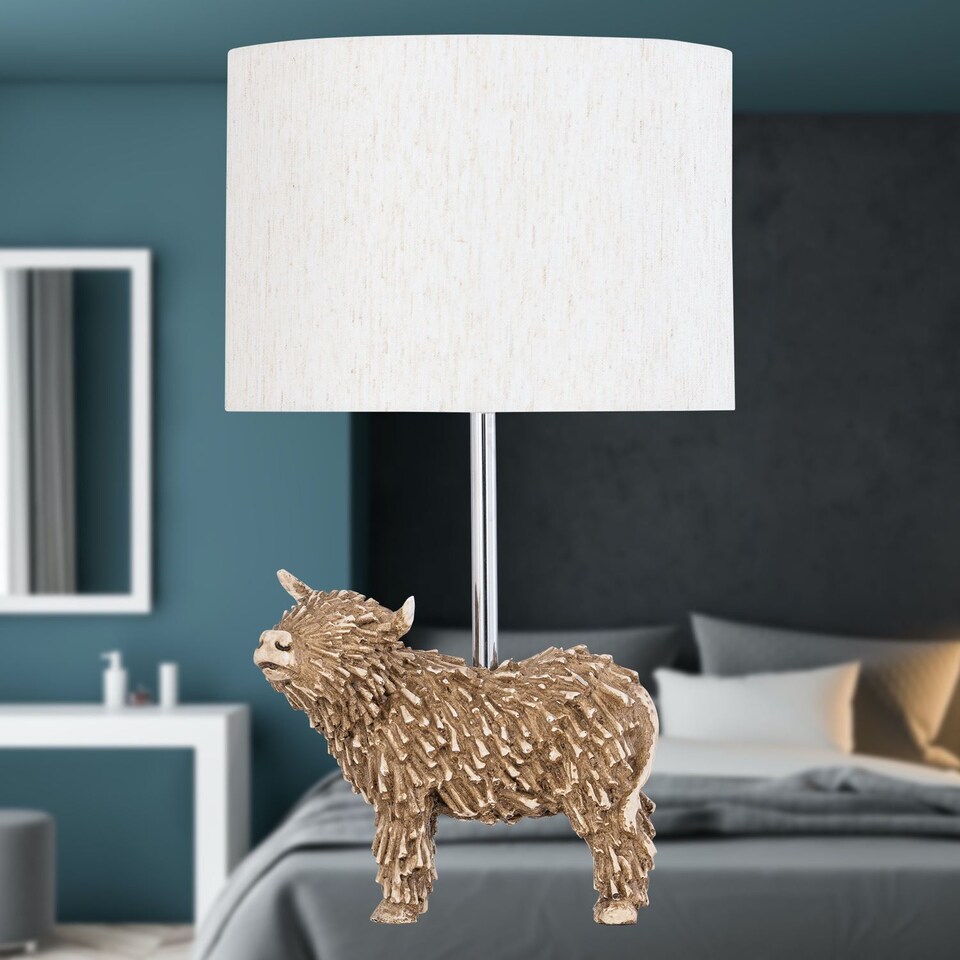 image 1 of Angus - Highland Cow Table Lamp With Oatmeal Linen Shade | Brown | Large | 1