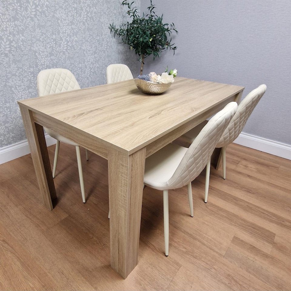 image 1 of Oak Effect Wood Dining Table with 4 Cream Gem Pattern Faux Leather Chairs