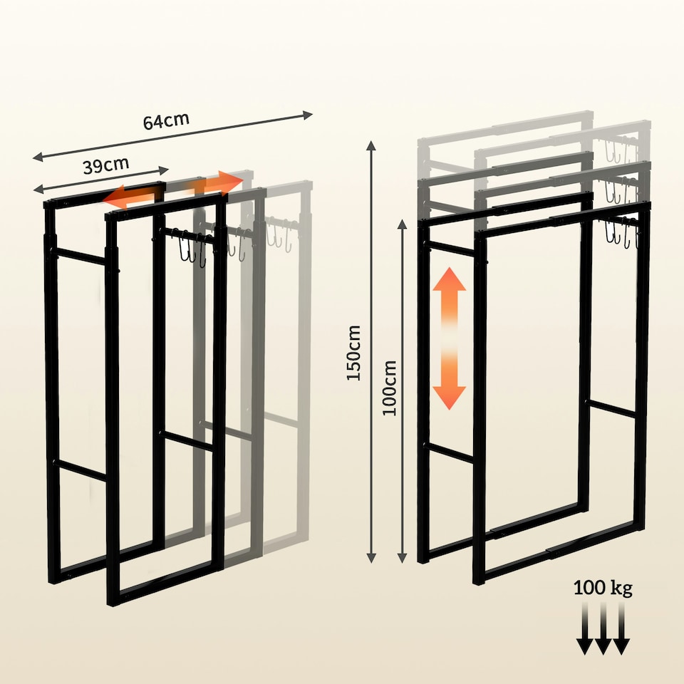 image 1 of Outsunny 100-150cm Retractable Metal Firewood Log Holder Rack with Hooks