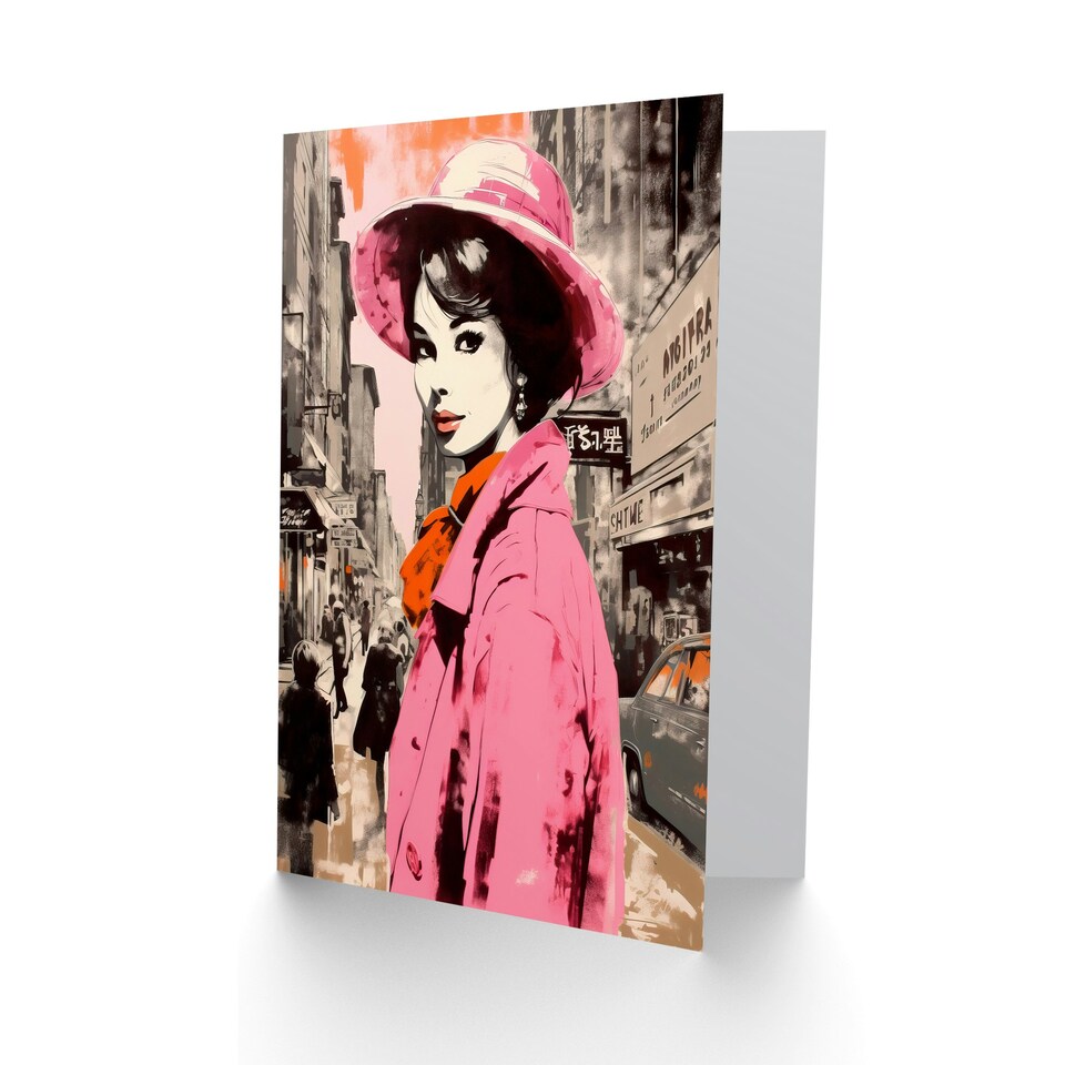 image 1 of Retro Aesthetic Vintage Fashion Woman Downtown Skyline Greeting Card