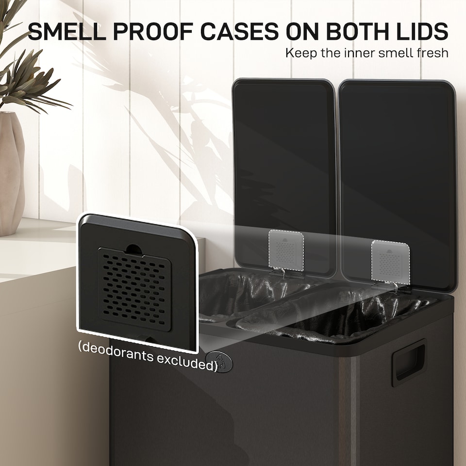 image 1 of HOMCOM Dual Kitchen Bin, 2 x 28L Stainless Steel Double Rubbish Bin with Soft Close Lid, Removable Inner Buckets, Fingerprint-Proof for Recycling and Waste, Black | Black | Black