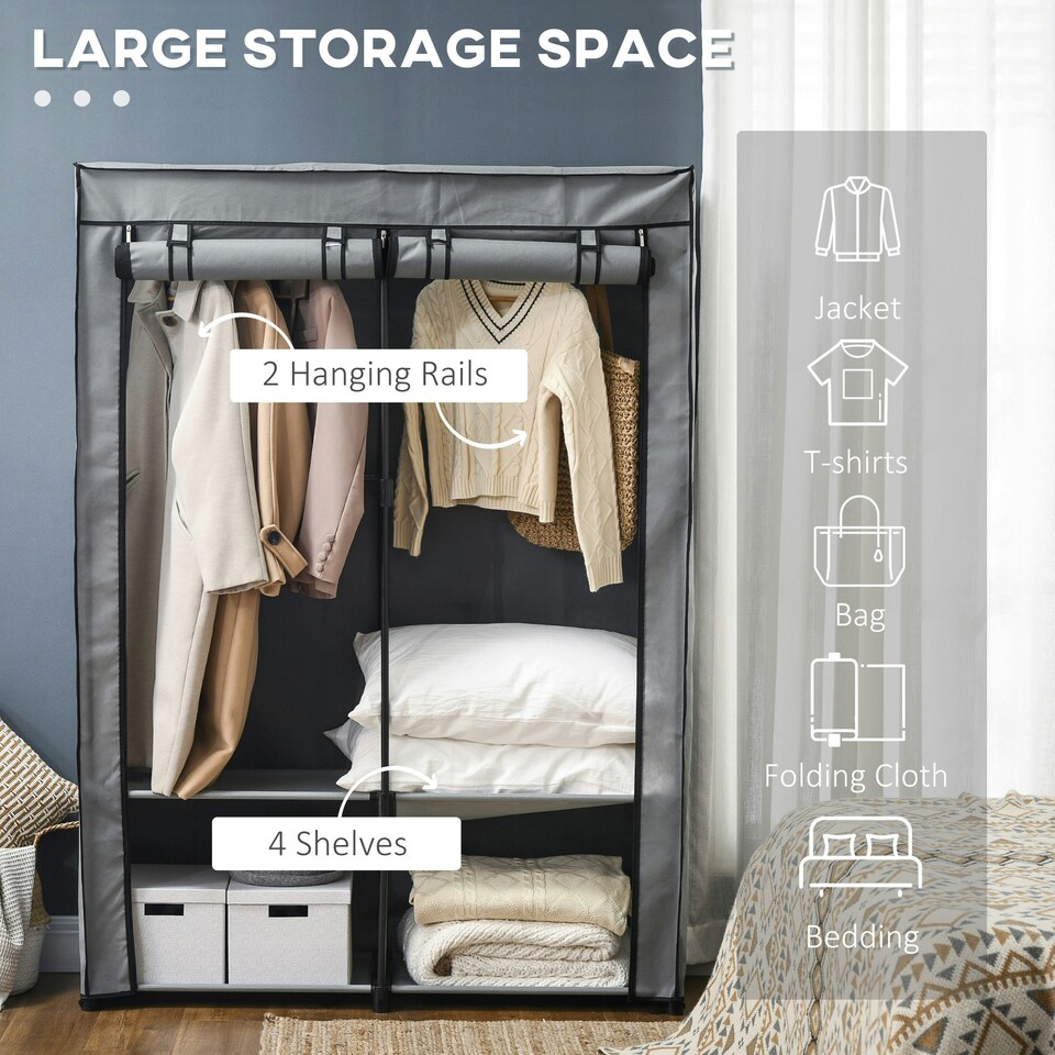 image 1 of HOMCOM Fabric Wardrobe w/ 4 Shelves 2 Hanging Rails Foldable Closets Light Grey