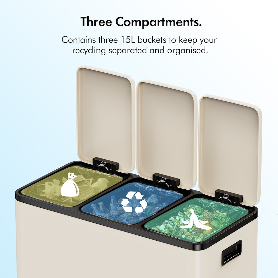 image 1 of 3 Compartment 45L Waste & Recycling Kitchen Bin (3 x 15L) | Cream | Cream | 45L
