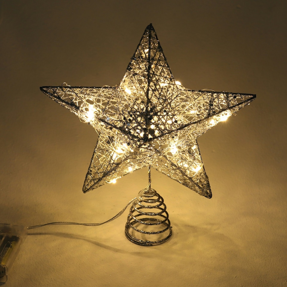 image 1 of Living and Home Decorative Star Sequins Christmas Tree Topper with LED Lights, Silver-25*28cm