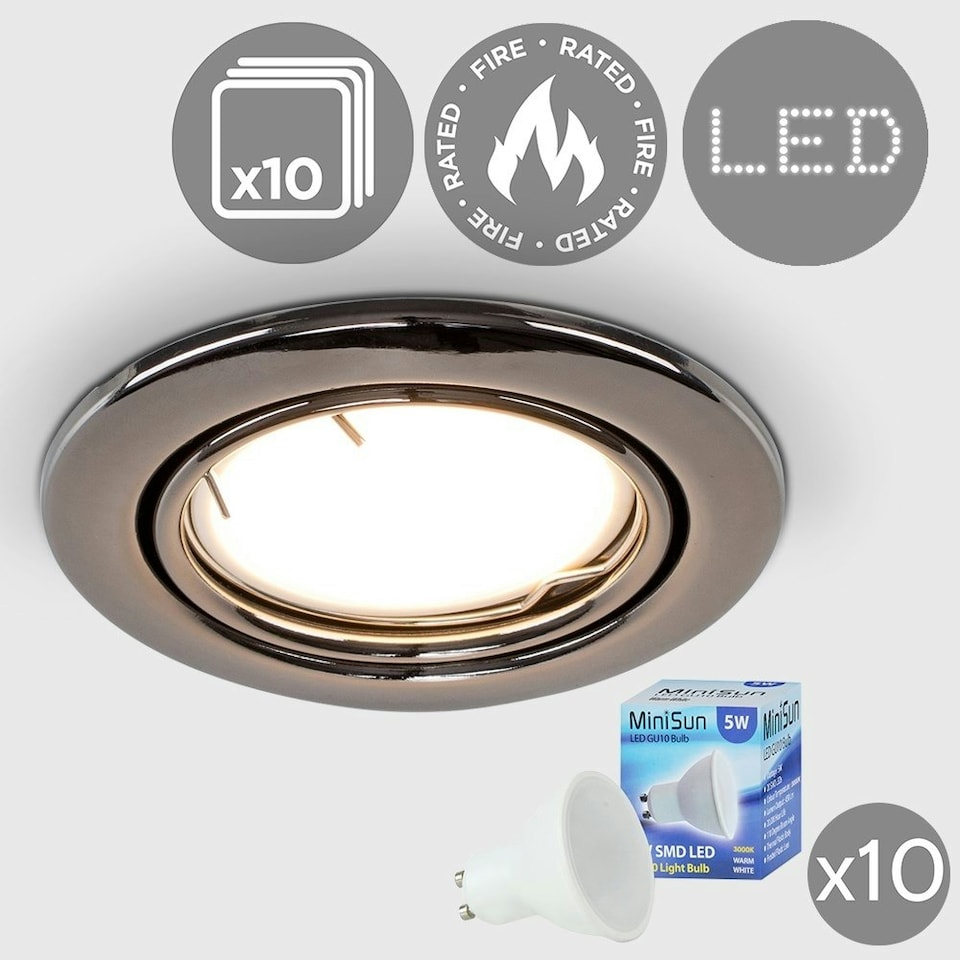 image 1 of ValueLights Pack of 10 Fire Rated Black Chrome Tiltable GU10 Recessed Ceiling Downlights 5w LED Bulbs 3000K Warm White