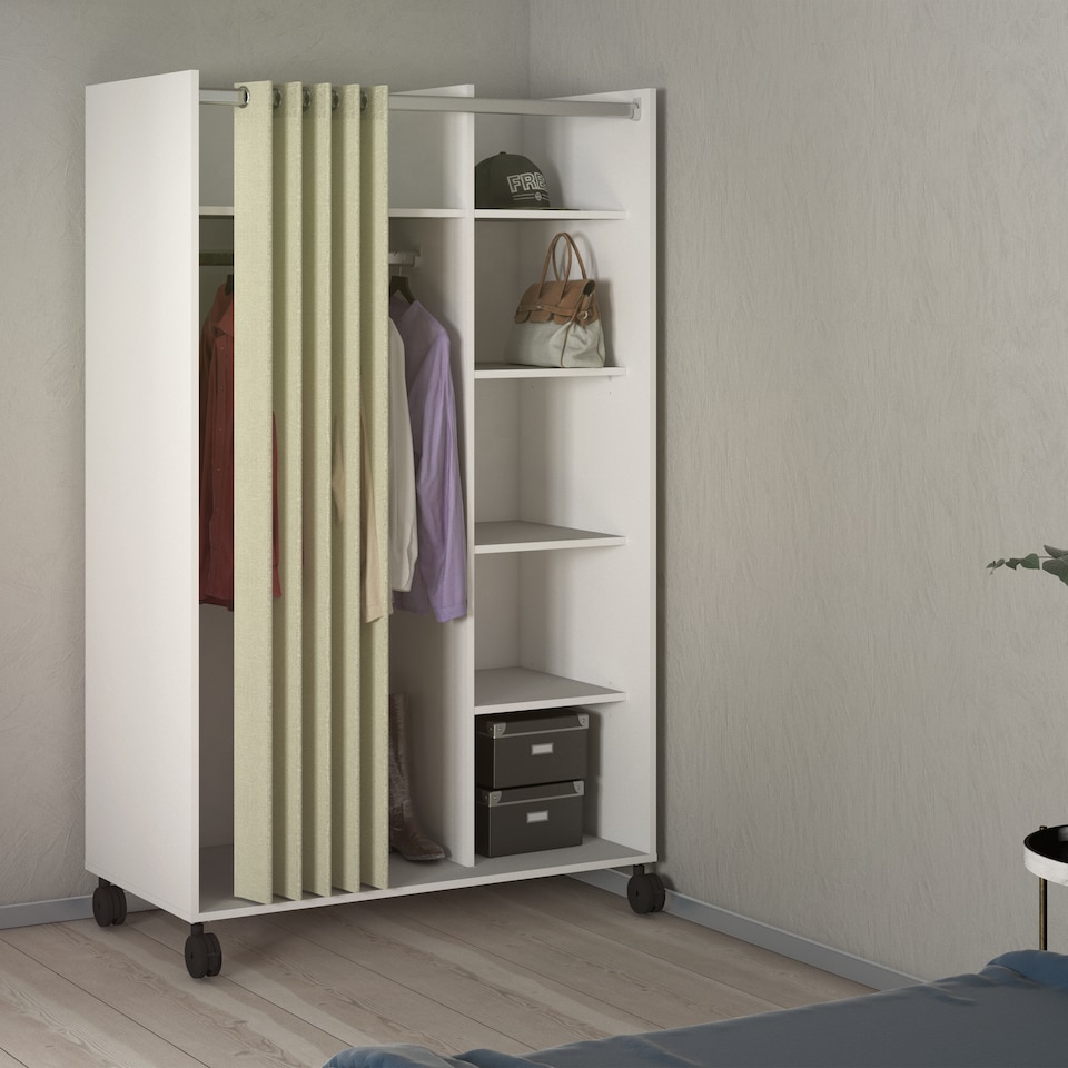 image 1 of Uppsala Open Mobile Wardrobe Unit in White with a Beige Textile Curtain on Wheels