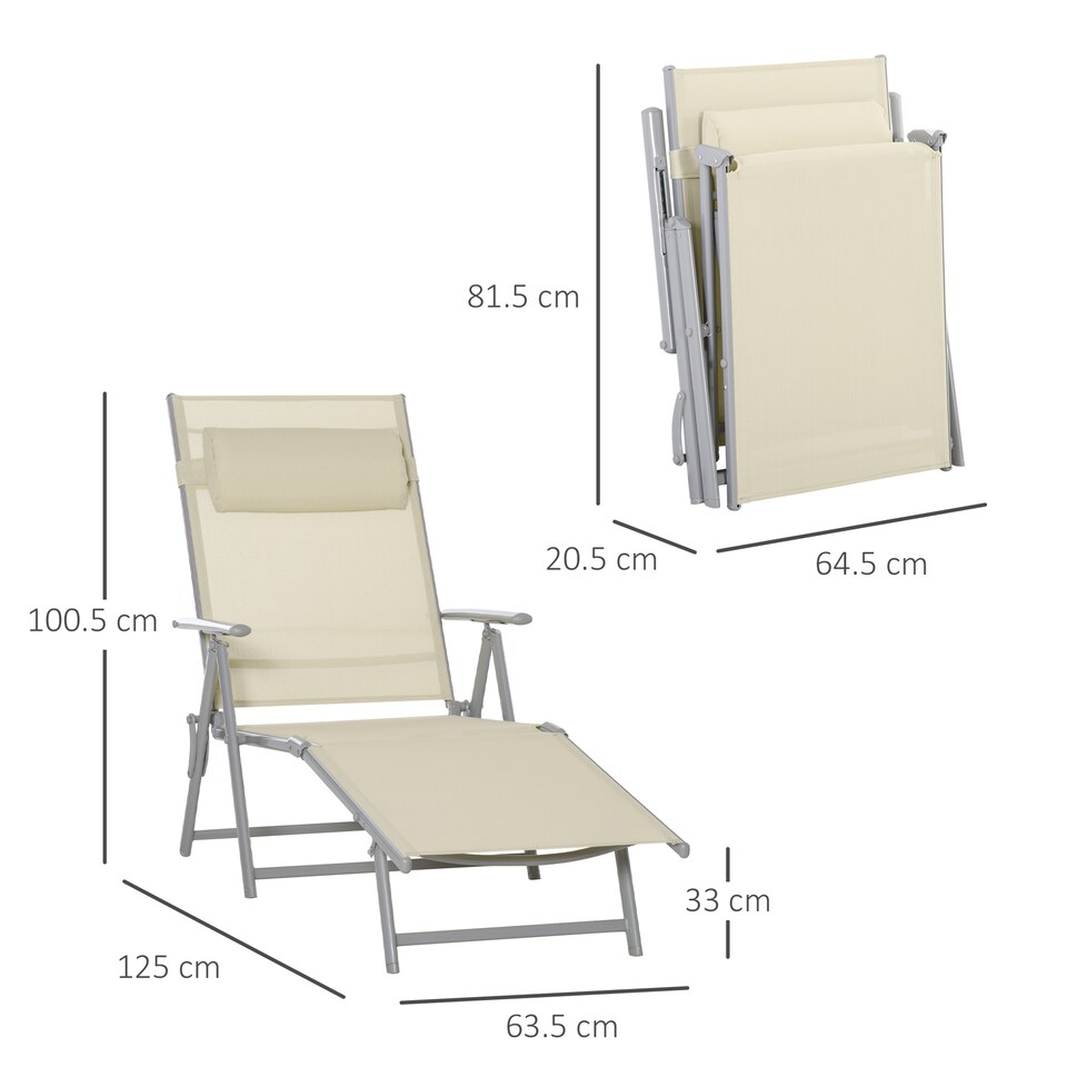 image 1 of Outsunny Steel Fabric Sun Lounger Outdoor Folding Chaise Lounge Chair Recliner with Portable Design & 7 Adjustable Backrest Positions - Beige