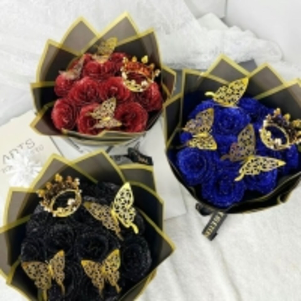 image 1 of Artificial 12 Red Rose Flower Bouquet With Glitter Crown Butterfly Wedding Party Decoration
