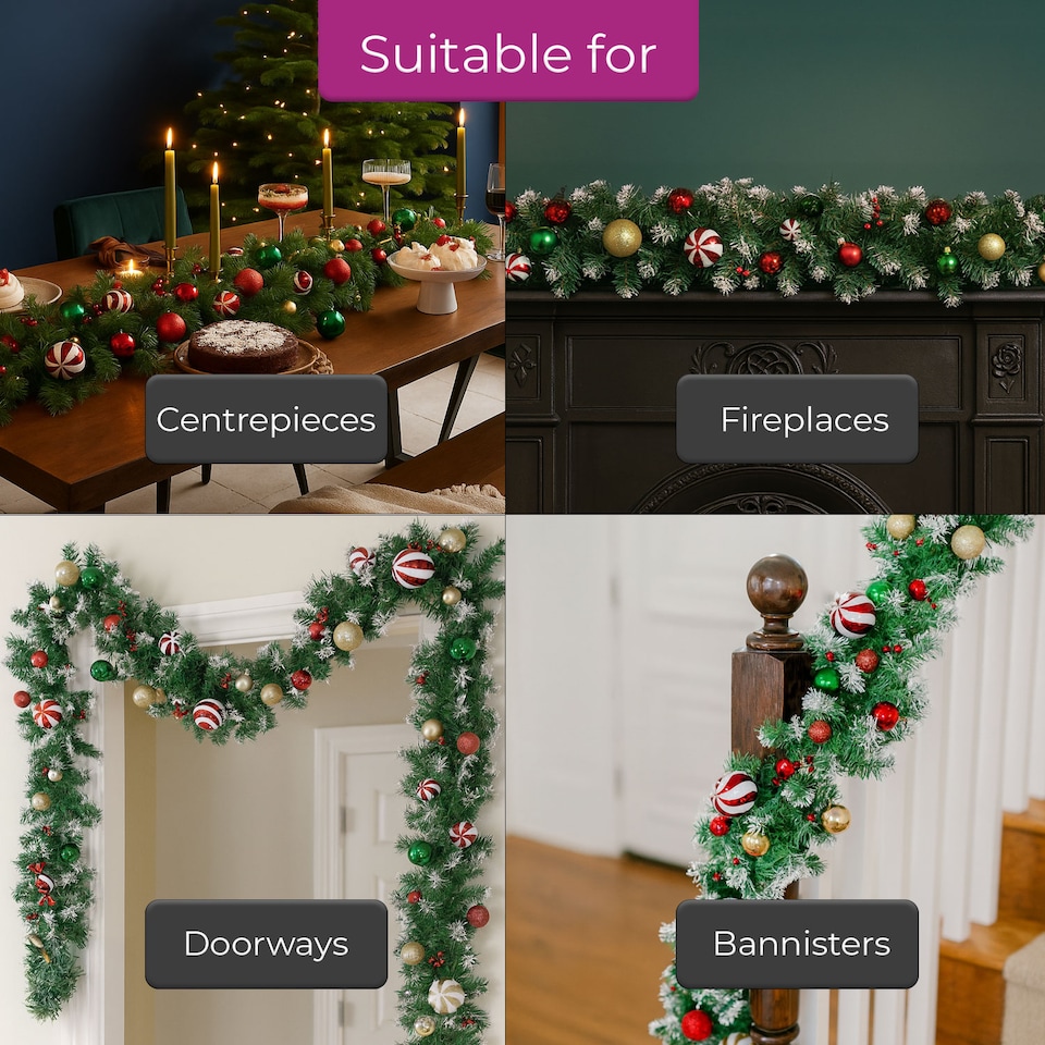 image 1 of Neo 2m Candy Cane Baubles Garland Festive Foliage Garland Wreath PVC Christmas Decoration | Green | Green Red