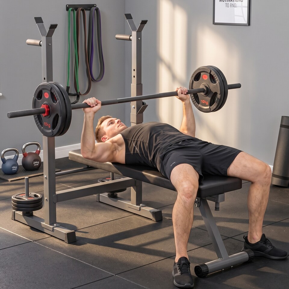 image 1 of HOMCOM Adjustable Weight Bench with Barbell Rack, Dip Station, Grey