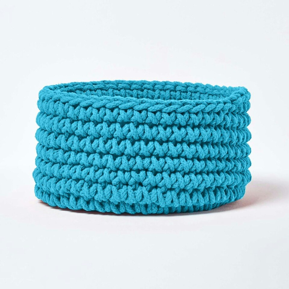 image 1 of Homescapes Teal Blue Cotton Knitted Round Storage Basket - 37 x 21cm Blue | M
