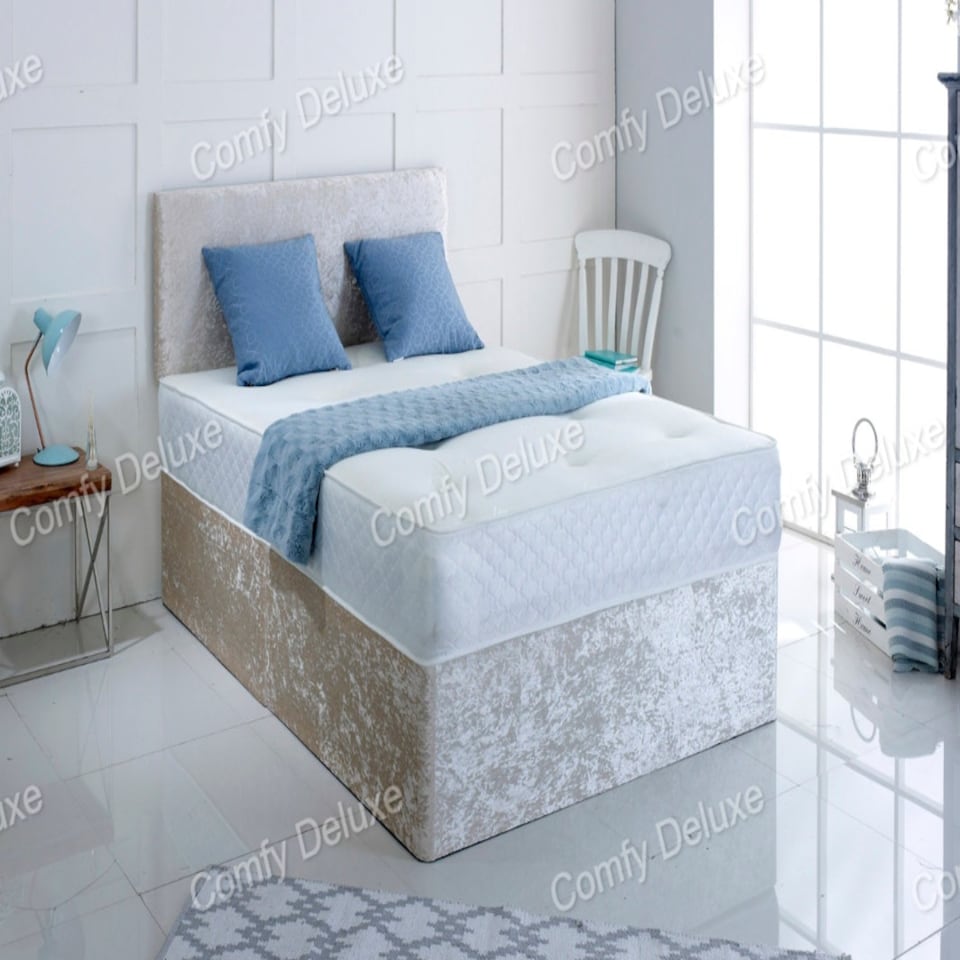 6FT Superking Cream Crush Velvet Divan Bed With Headboard & Memory Sprung Mattress 2 Drawers One Each Side