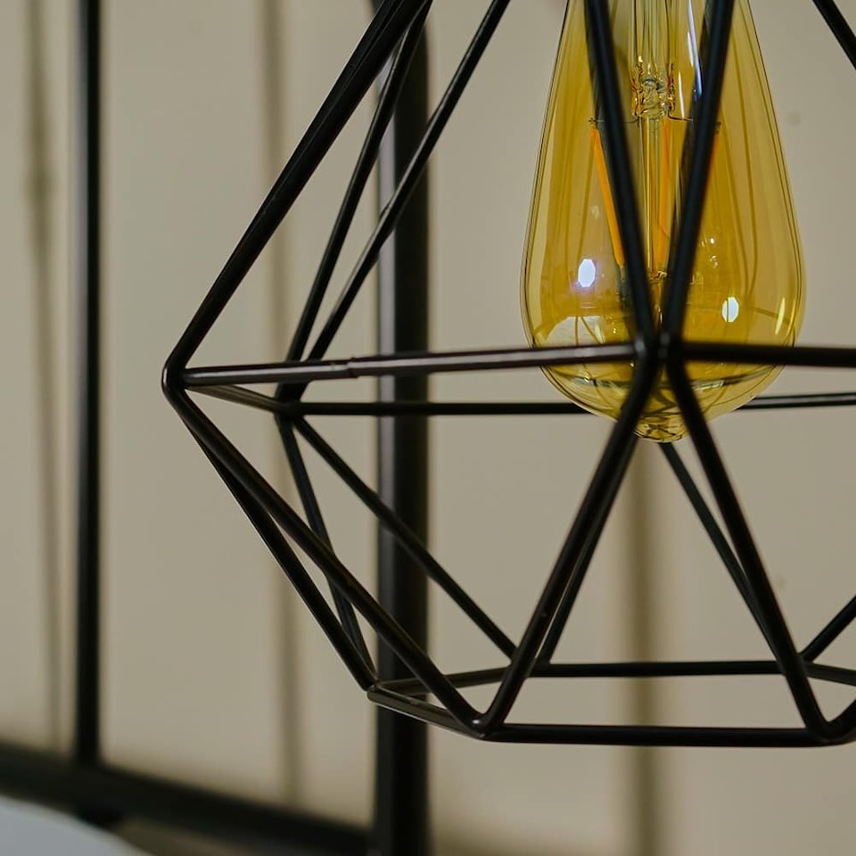 image 1 of ValueLights Pair Black Metal Cage Ceiling Light Shades & Bulbs | Black