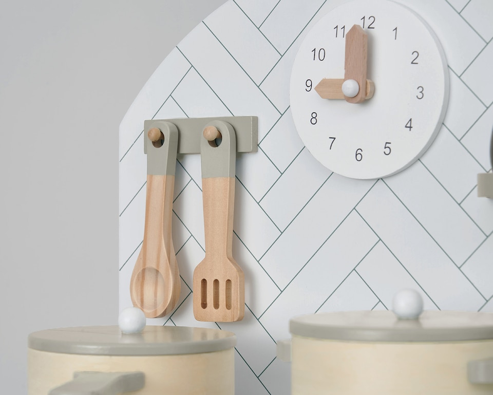 image 1 of Hooga Playroom Play Kitchen - Wooden Role Play Toy with 6 Utensils - Grey | Grey | One Size | 1