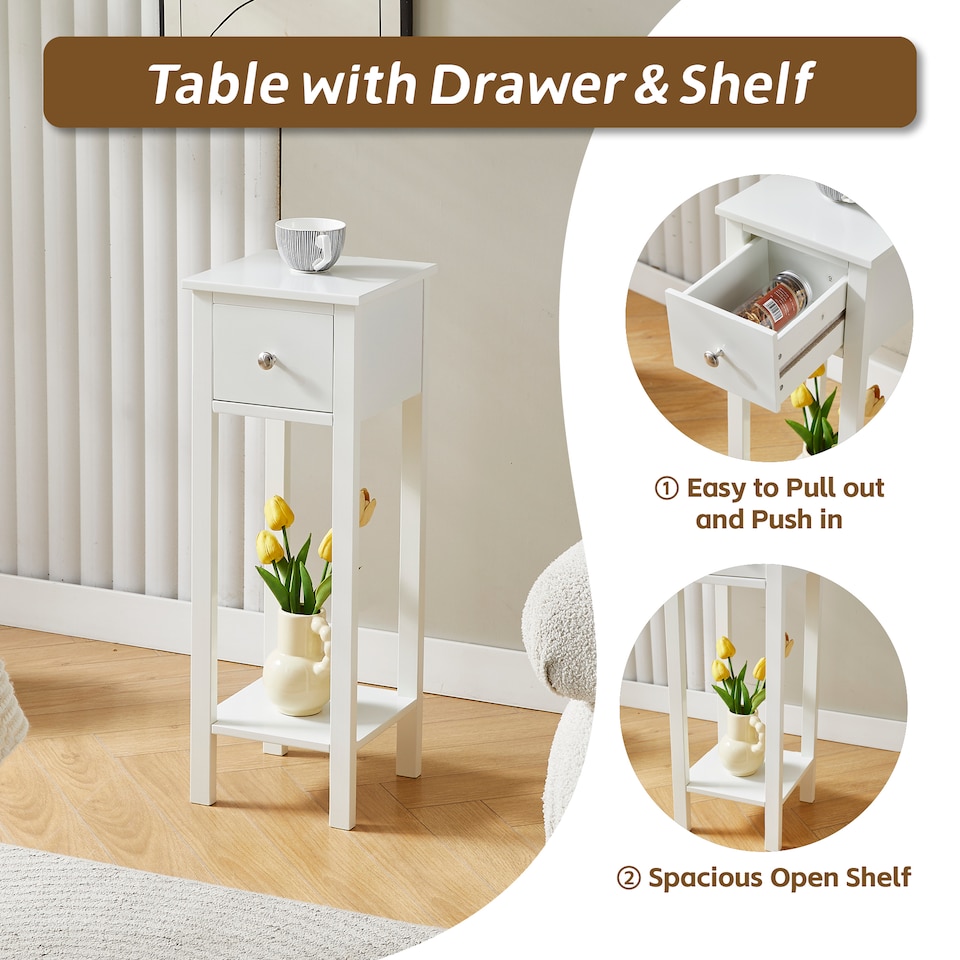 image 1 of MCC Direct Set of 2 Wooden Bedside Tables with Shelf and Drawer Nightstand Amelia
