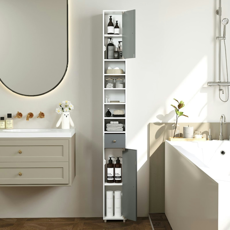 image 1 of COSTWAY Slim Bathroom Cabinet Floor Storage Organizer White Grey
