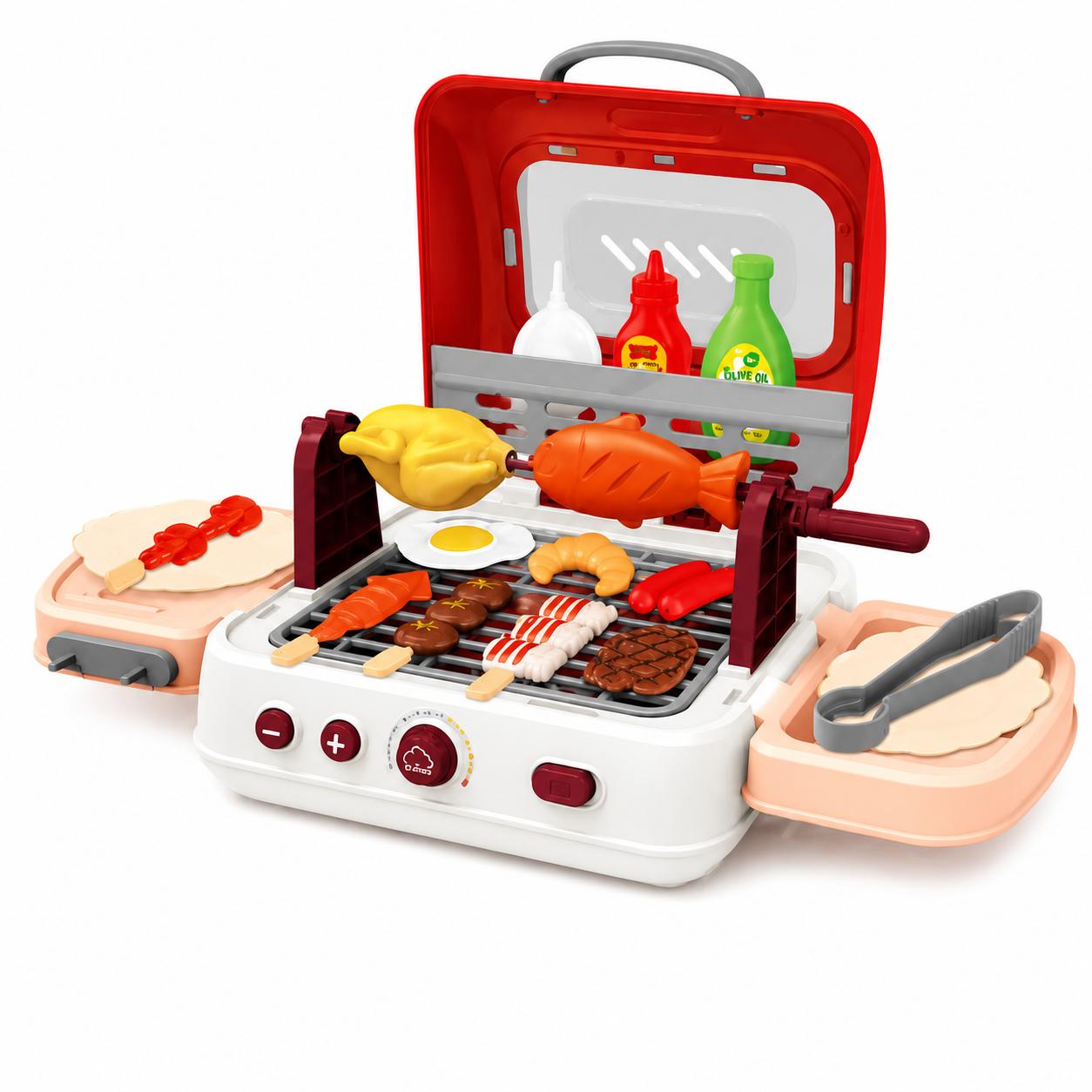 Kids BBQ Grill Playset – 28PCS Pretend Cooking Set with Lights, Sound & Safe Smoke Effect – Outdoor & Indoor Kitchen Role‑Play Toy for Boys & Girls Ages 3+, Red