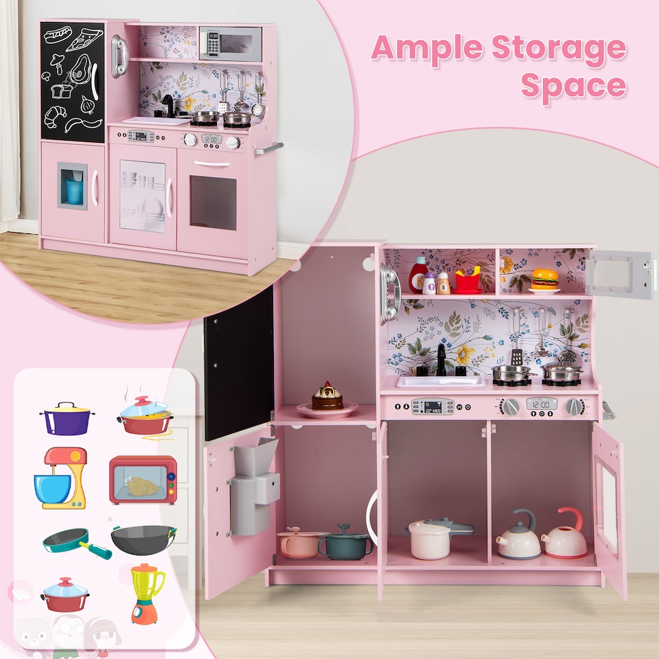 image 1 of COSTWAY Wooden Play Kitchen Kids Pretend Play Toy Microwave Ice Make Pink