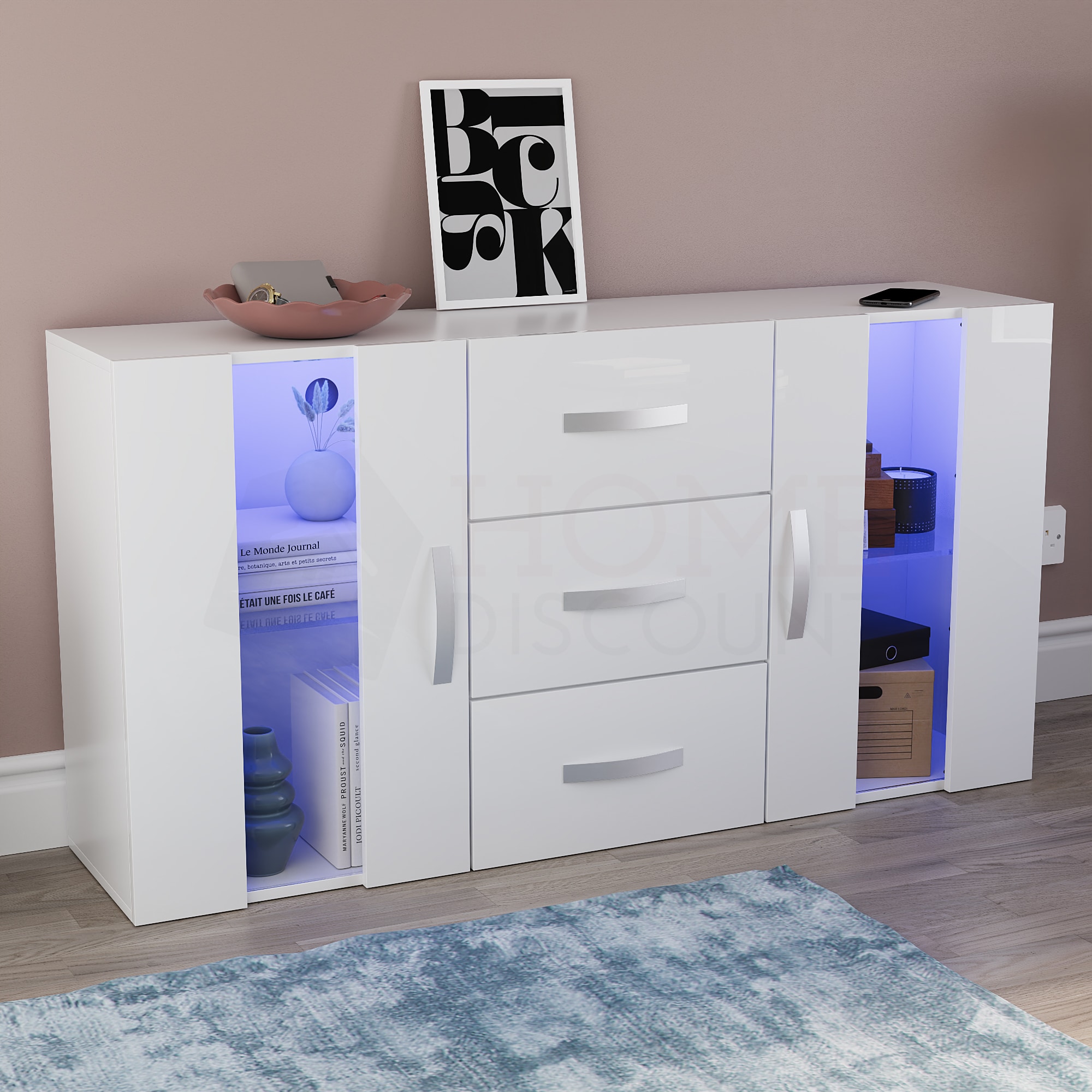 Vida Designs Astro 2 Door 3 Drawer LED Sideboard Buffet Cabinet Storage, White | White | 1