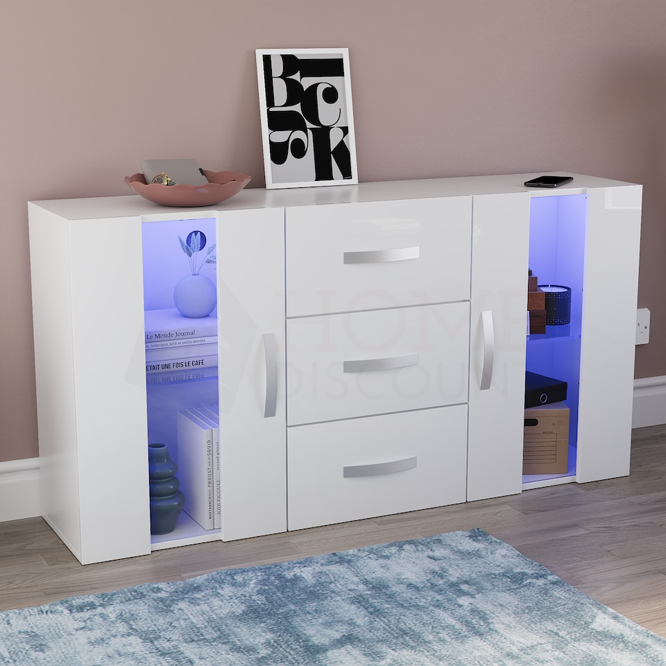 image 1 of Vida Designs Astro 2 Door 3 Drawer LED Sideboard Buffet Cabinet Storage, White | White | 1