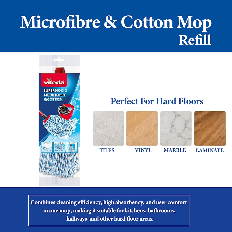 image 1 of Vileda Supermocio Microfiber Cotton Mop Refill Replacement Mop Heads for Corner Cleaning Machine Washable Pack of 2