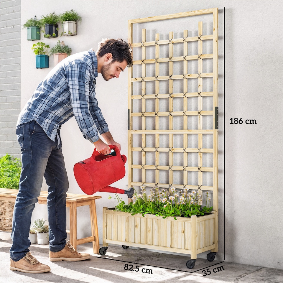 image 1 of Outsunny Wooden Trellis Planter, Raised Garden Bed with Wheels, Natural