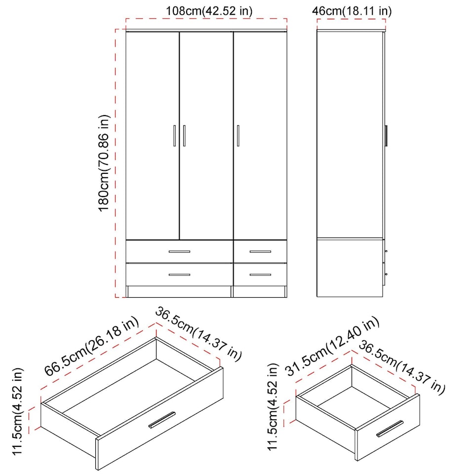 image 1 of 3 Door 4 Drawer Wardrobe With Hanging Rail And Storage Shelf | White | White Carcass & Grey Door | 1