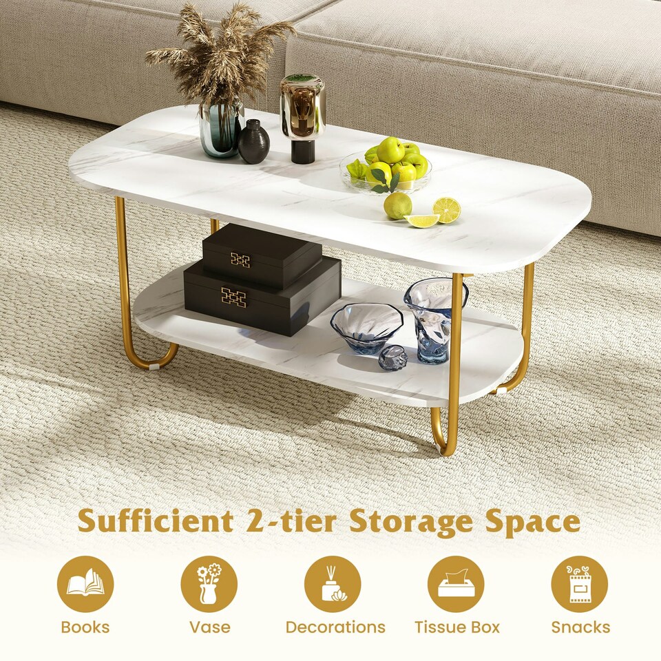 image 1 of COSTWAY Faux Marble Top Coffee Table 2-tier Tea Table White