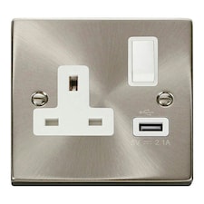 SE HOME Satin / Brushed Chrome 1 Gang 13A DP 1 USB Switched Plug Socket White | Satin Chrome